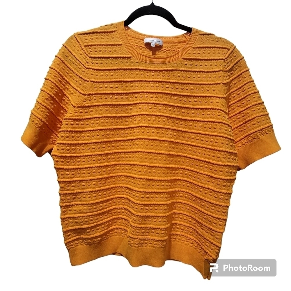 Rebecca Taylor XL Viscose Blend Mustard Yellow Short Sleeve Ribbed Blouse Office